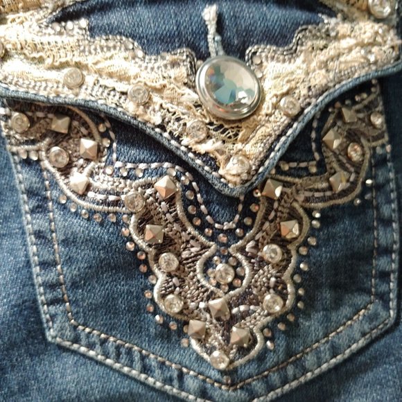 Grace In LA Midrise Straight Leg Lace Blingy Crystals Pocket Flaps 31 - Picture 12 of 16